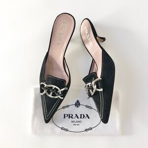 Prada Retro Vintage Chain Suede Pointed Toe Kitten Heel Mules Pumps 37